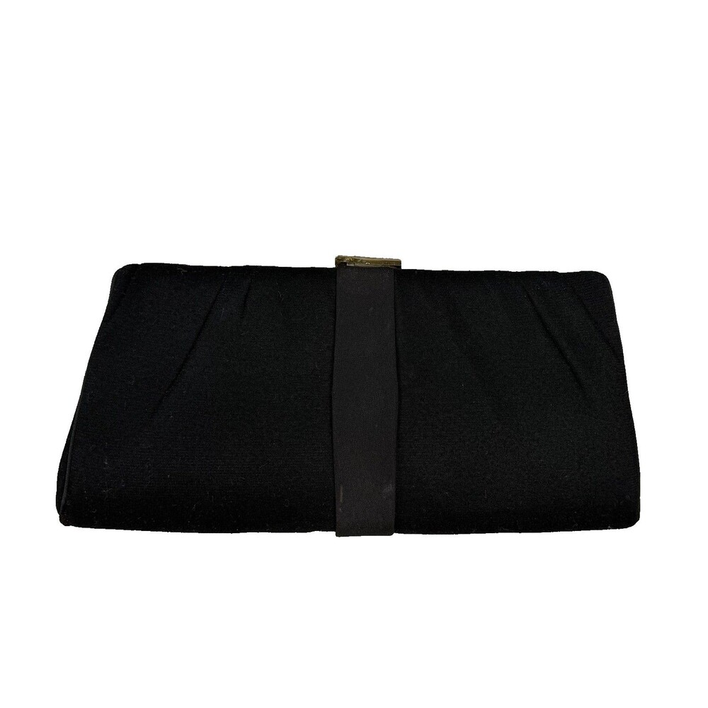 Vintage 60's Black Fabric Evening Bag Clutch Purse Gold Tone Trim Hidden Handle